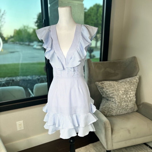 [Saylor] Adelaide Blue and White Striped Ruffle Dress