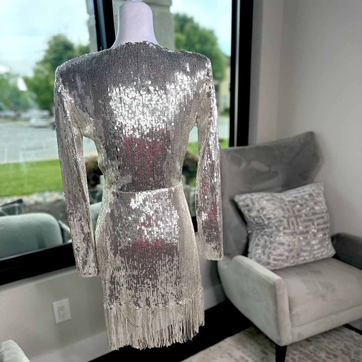 [Fashion Nova] Silver Sequined Mini Dress with Fringe and Wrap Front