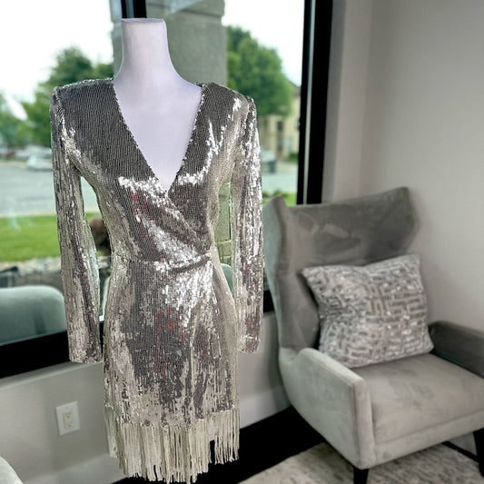 [Fashion Nova] Silver Sequined Mini Dress with Fringe and Wrap Front