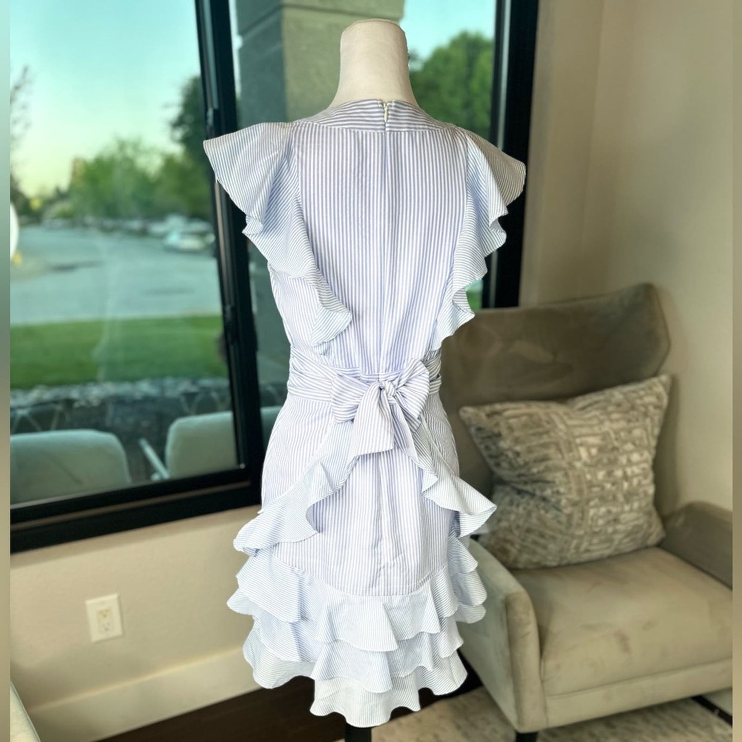 [Saylor] Adelaide Blue and White Striped Ruffle Dress