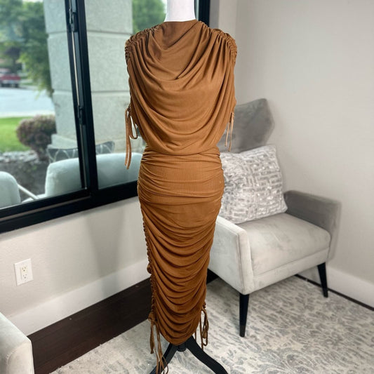 [Andrea Iyamah] Ruched Mesh Ratu Midi Dress in Brown