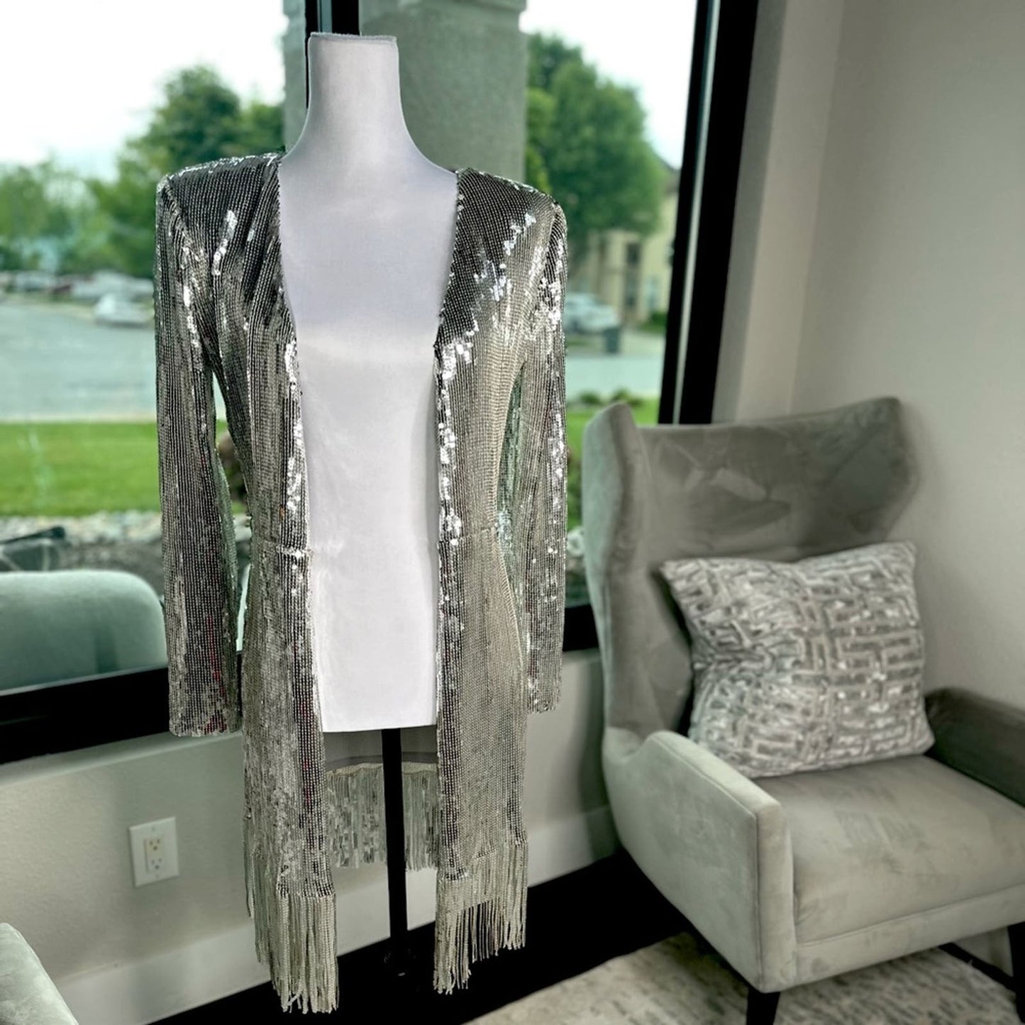 [Fashion Nova] Silver Sequined Mini Dress with Fringe and Wrap Front