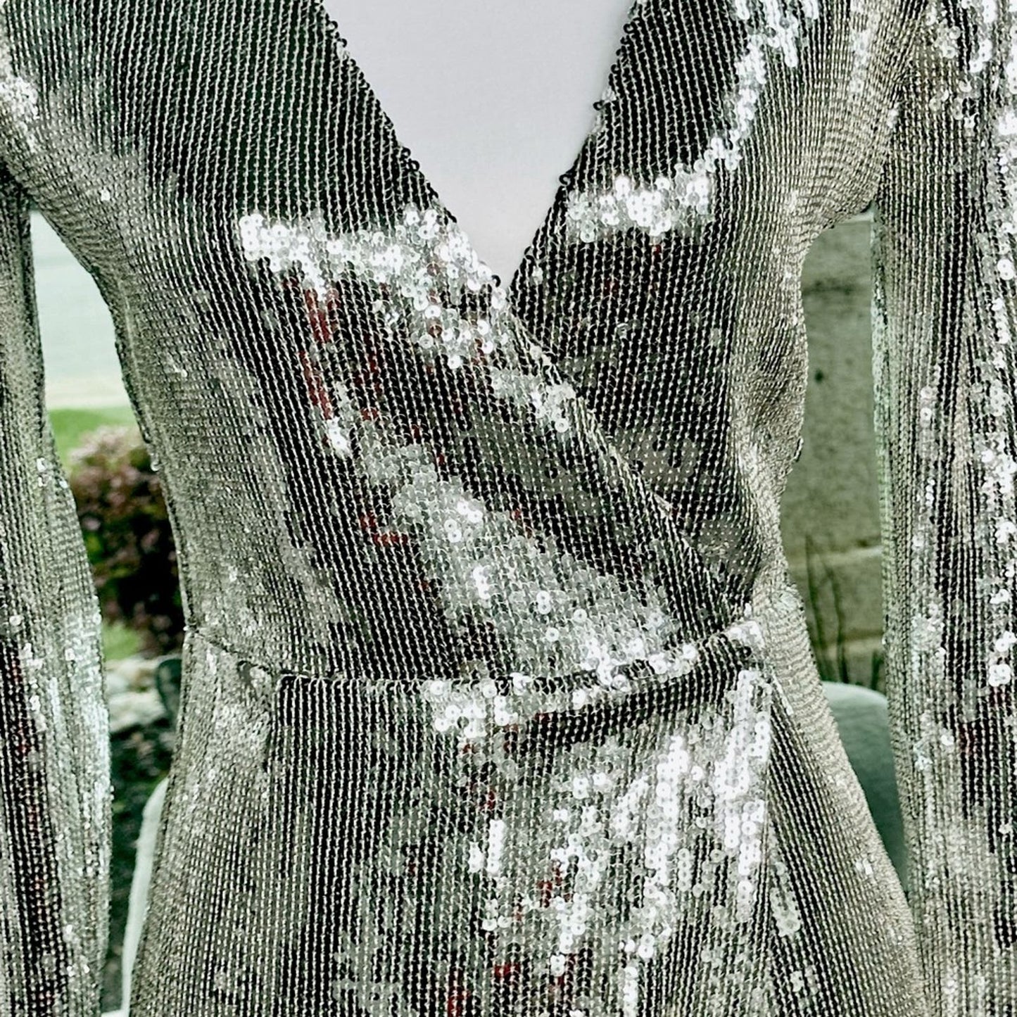 [Fashion Nova] Silver Sequined Mini Dress with Fringe and Wrap Front